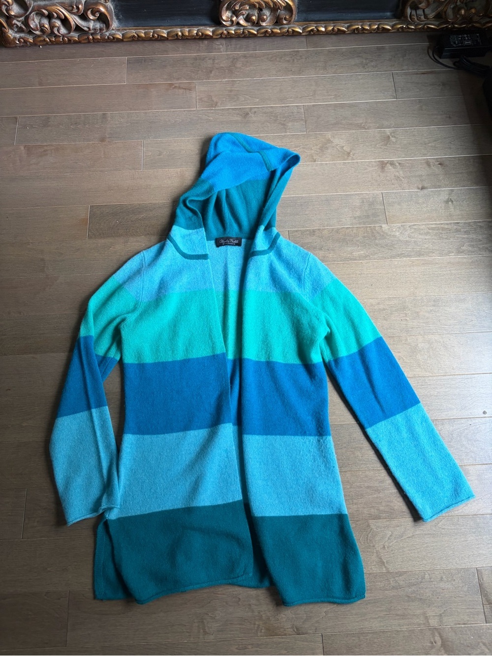 Striped Hooded Open Cardigan in Teal & Aqua Cashmere size M